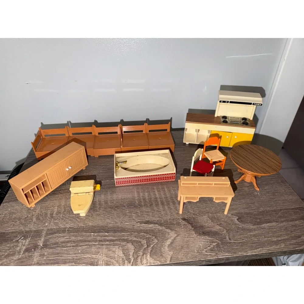 Vintage Tomy Dollhouse Furniture Lot MCM Kitchen Bathroom Dining Room 13pc Set